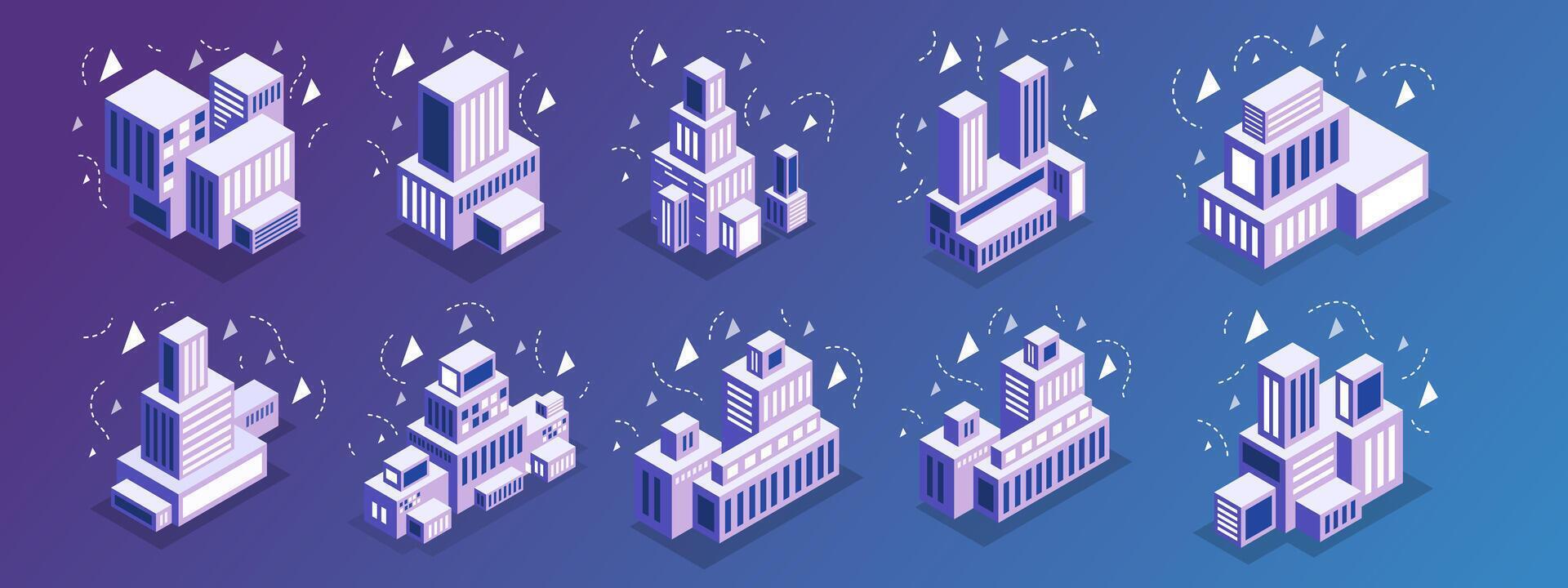 Modern Business and Technology Isometric Icons Set in Purple and Blue vector