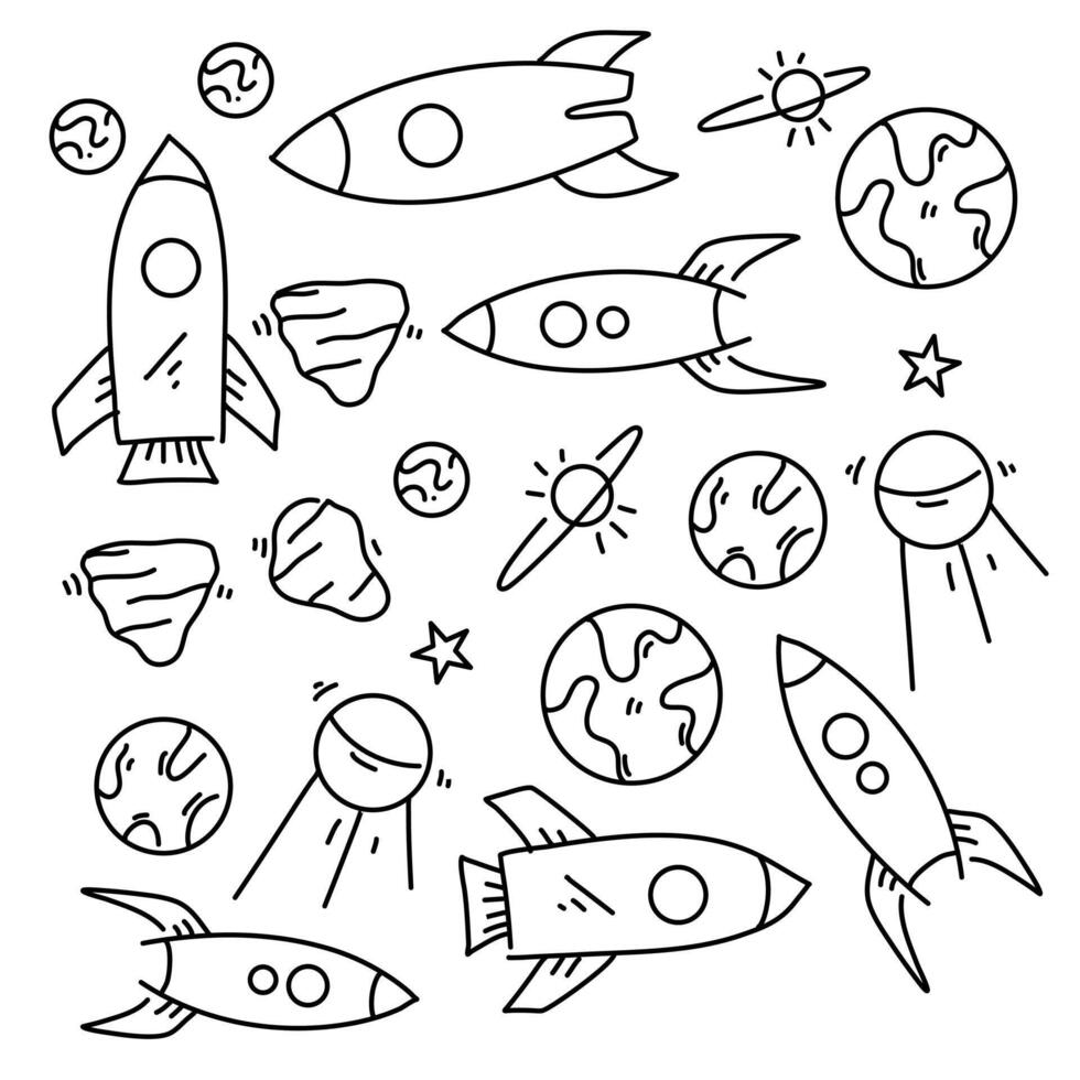 Doodle Style Space Exploration and Rocket Icons on White Background vector