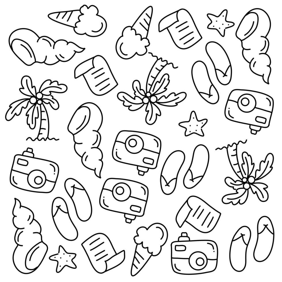 Summer Themed Icons and Objects Doodle Seamless Pattern vector