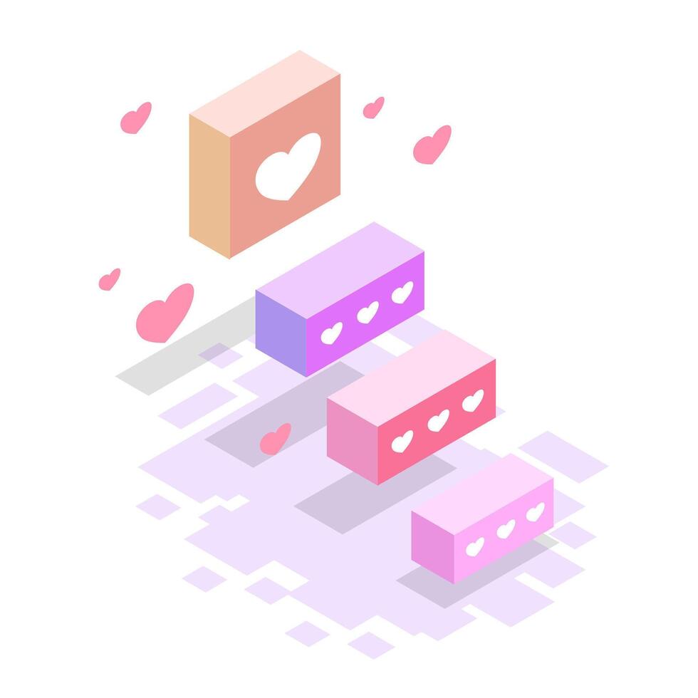 3D Heart Boxes with Floating Love Symbols and Soft Colors vector