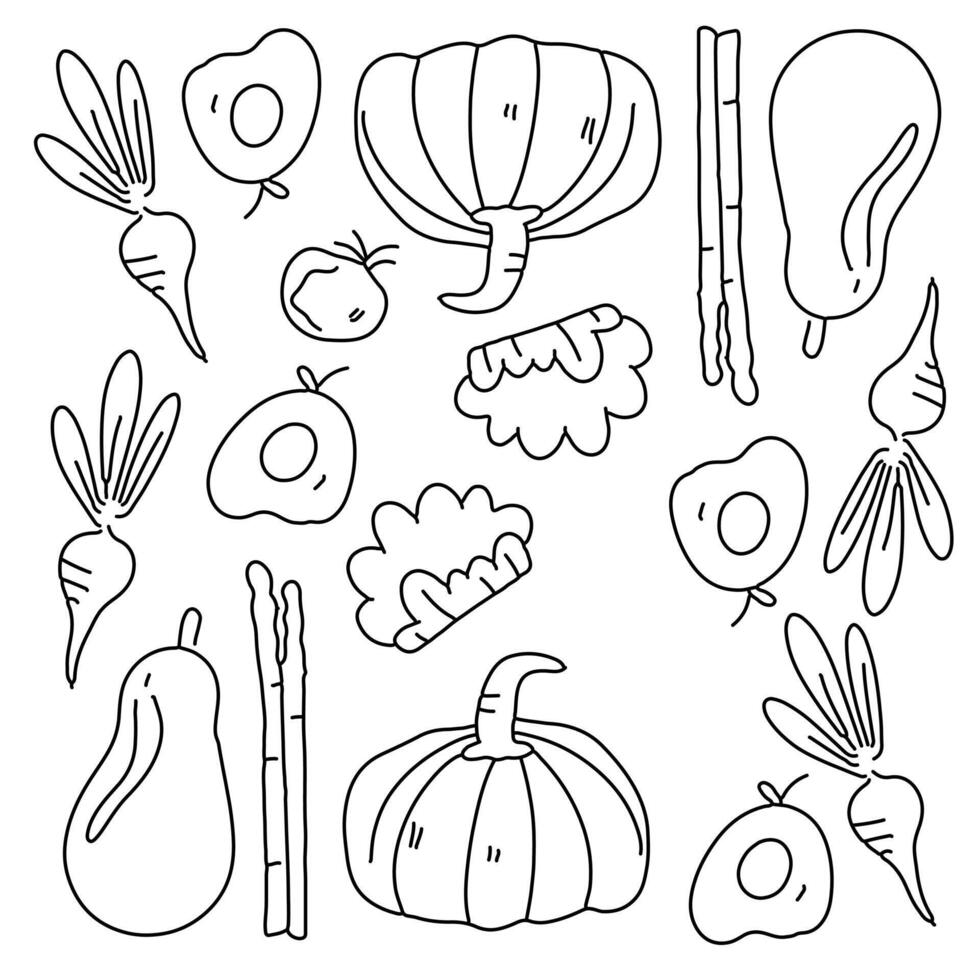 Fresh vegetables doodle with carrots pumpkins and onions set vector
