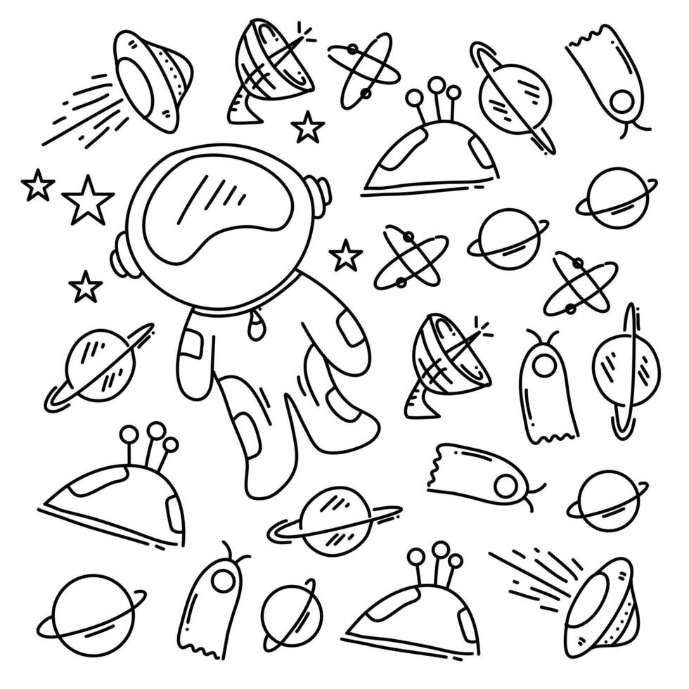 Space doodles planets stars rockets aliens cosmos science fiction vector