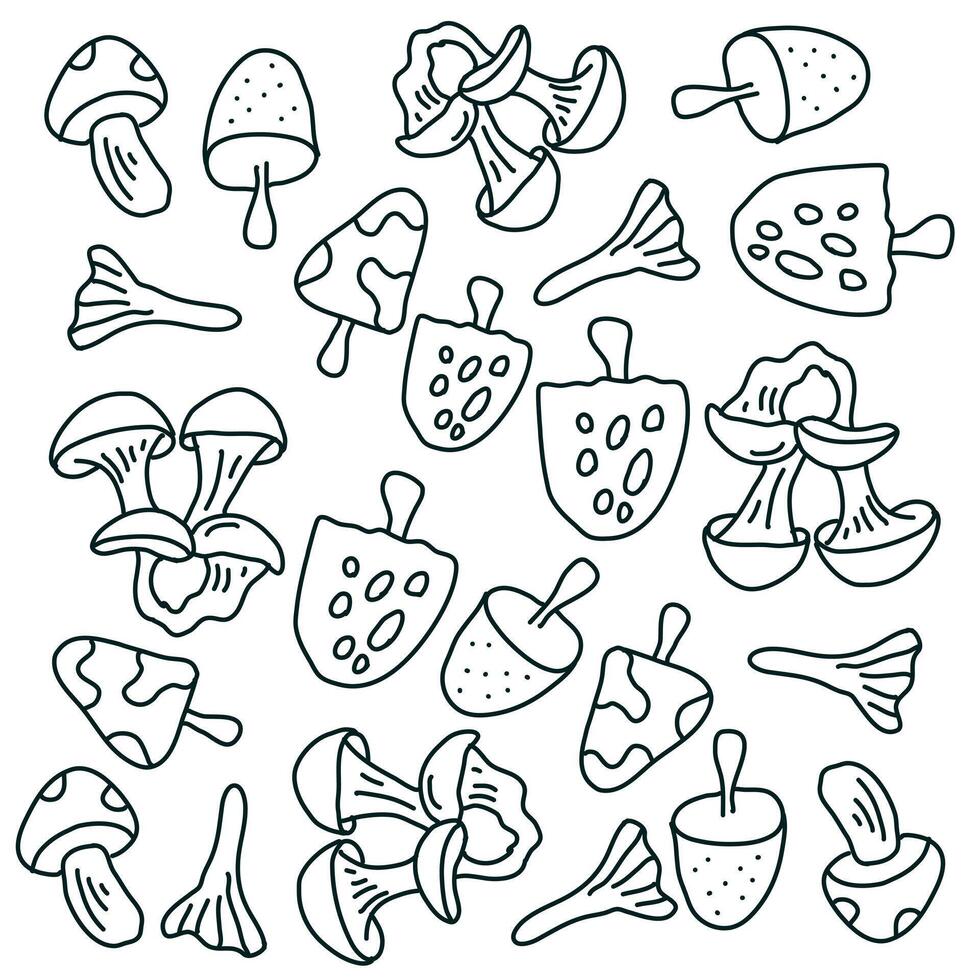 Different mushrooms with cute caps in doodle art style vector