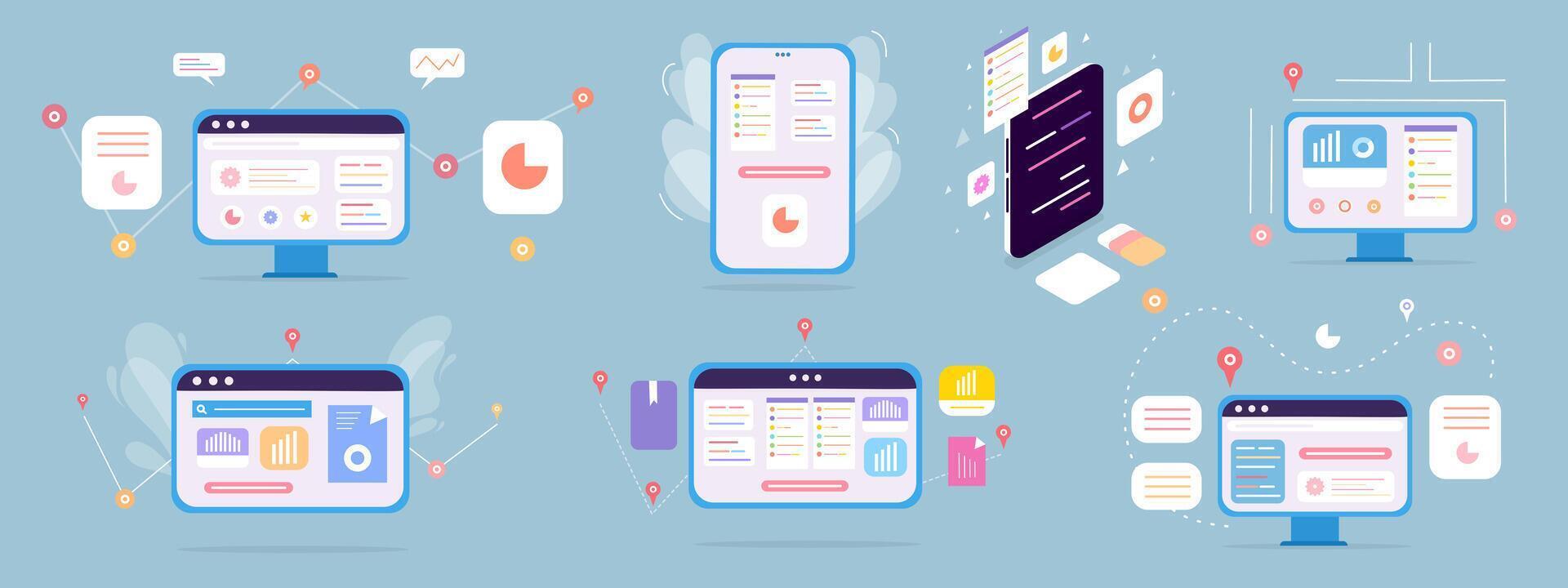 Modern Business and Technology Icons Set with Computer and Information vector