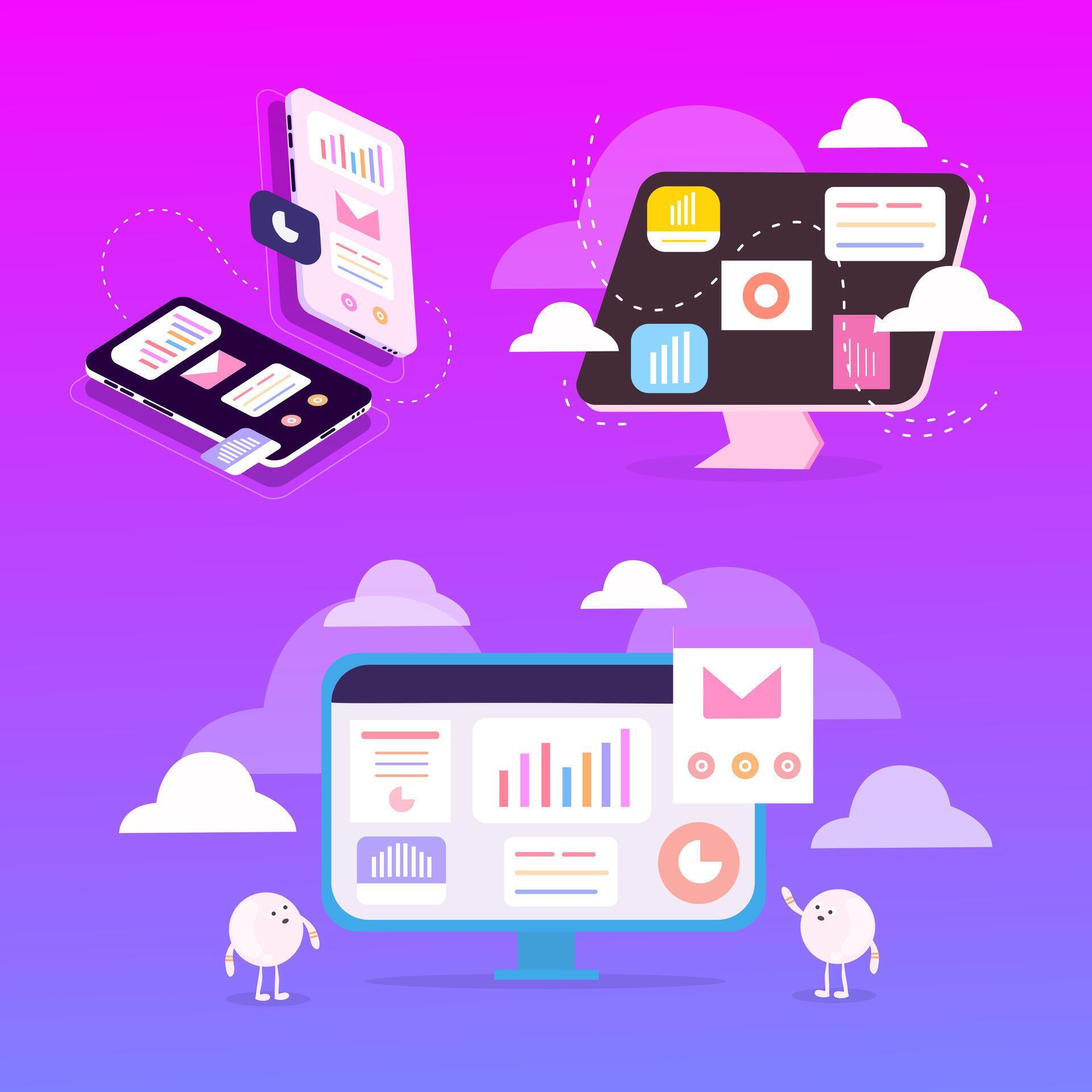 Gradient technology workspace interface with cloud computing icons ...