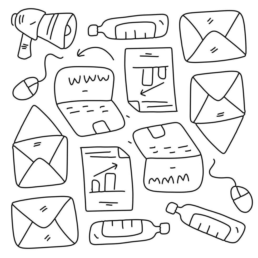 Office Supplies Doodle Set with Envelopes and Boxes vector