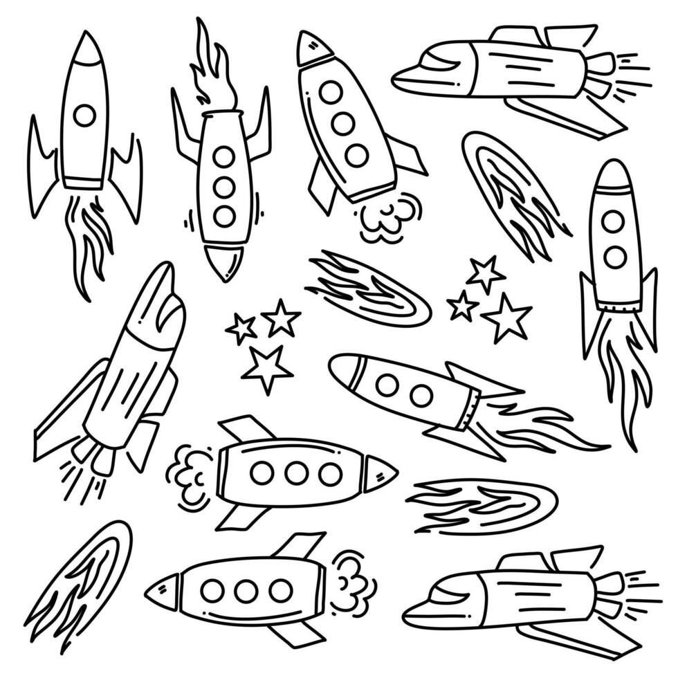 line Doodle Style Space Exploration and Rocket Icons on White Background vector