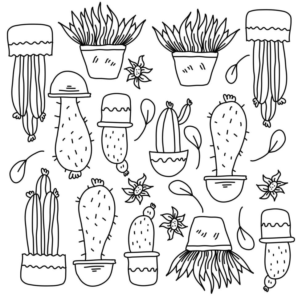 Cactus Doodle Set with Variety of Pots Styles vector