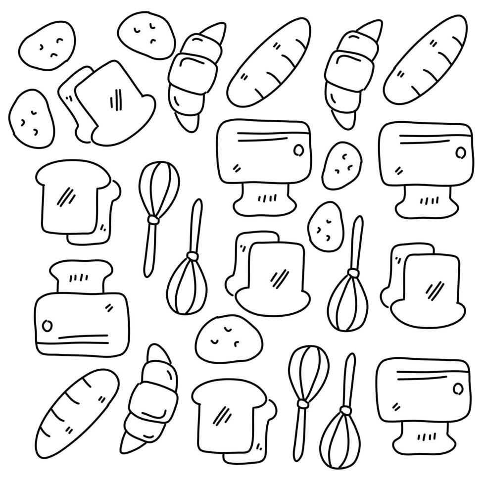 Hand sketched food items including bread eggs and utensils vector