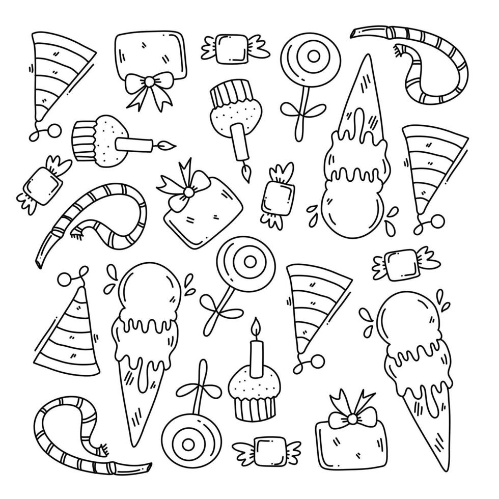 line Hand Drawn Birthday Party Decorations and Elements Doodle Style vector