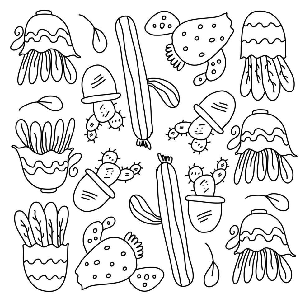 Decorative Cactus Doodle Set with Different Types vector