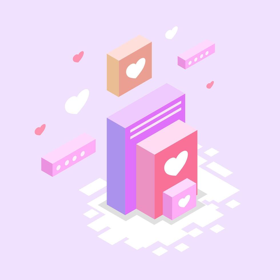 Digital Heart Boxes Stacked in Isometric Design for Valentine vector