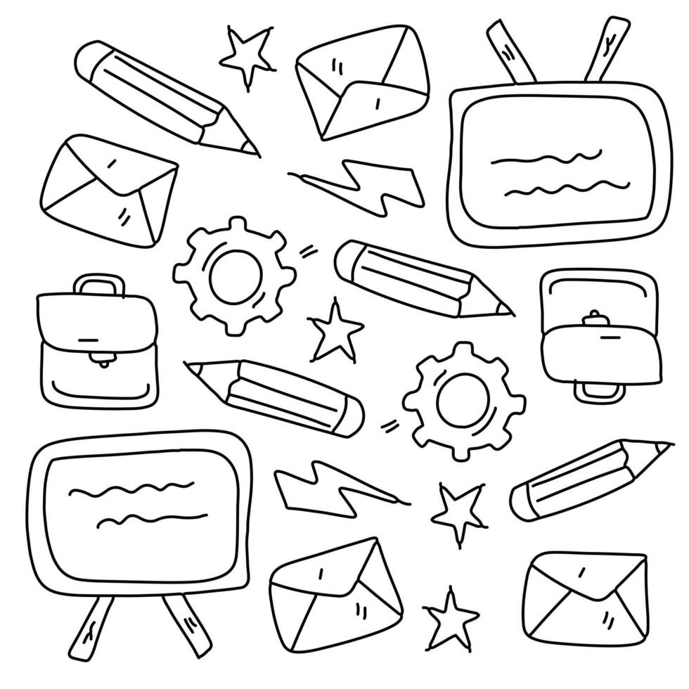 Doodle style educational supplies and classroom related icons set vector
