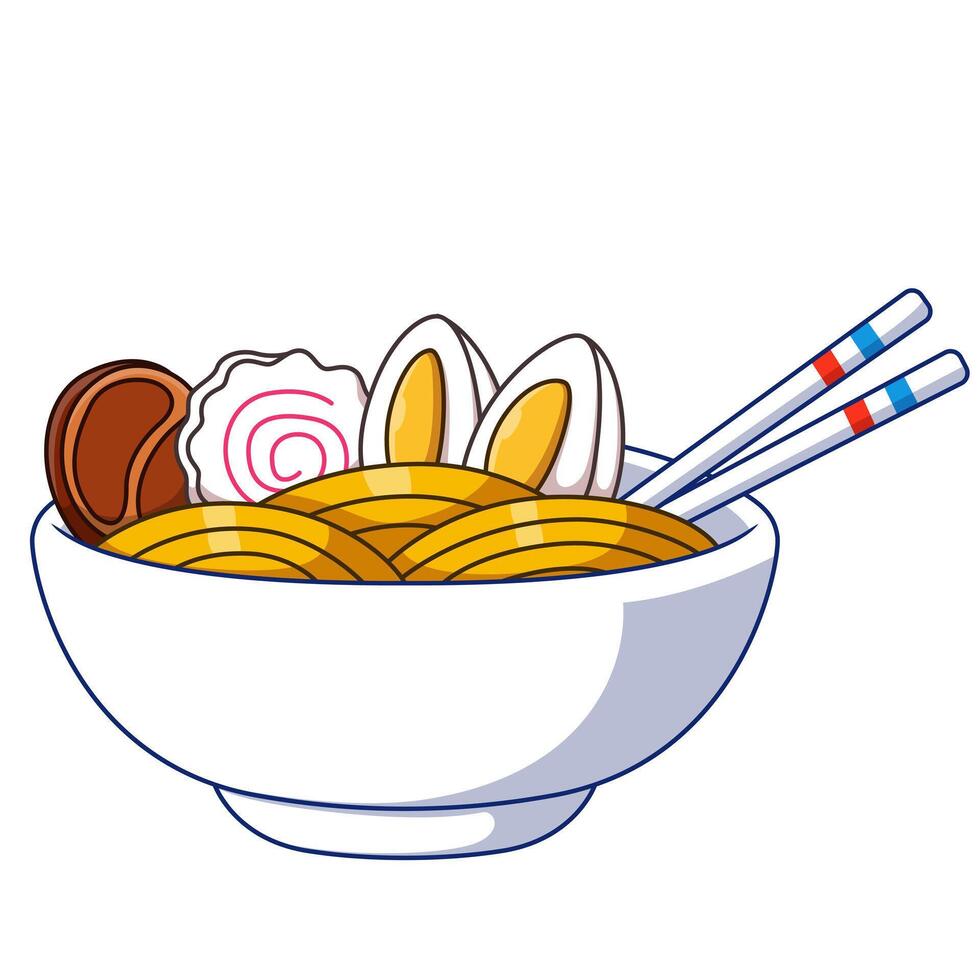 Cute cartoon ramen noodles topped with boiled meat and egg. Asian food cartoon vector