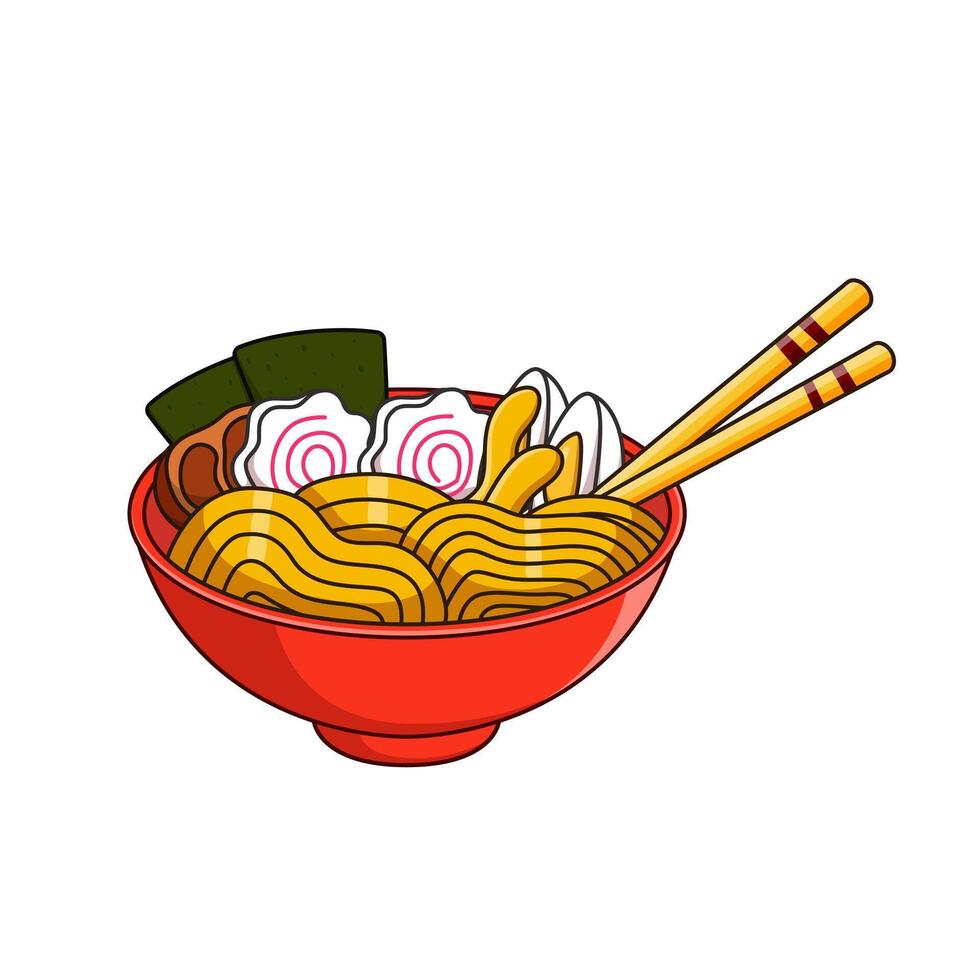 Bowl of ramen noodles cartoon illustration and chopsticks perfect for food blogs, restaurant menus, Asian cuisine magazines, and social media content vector
