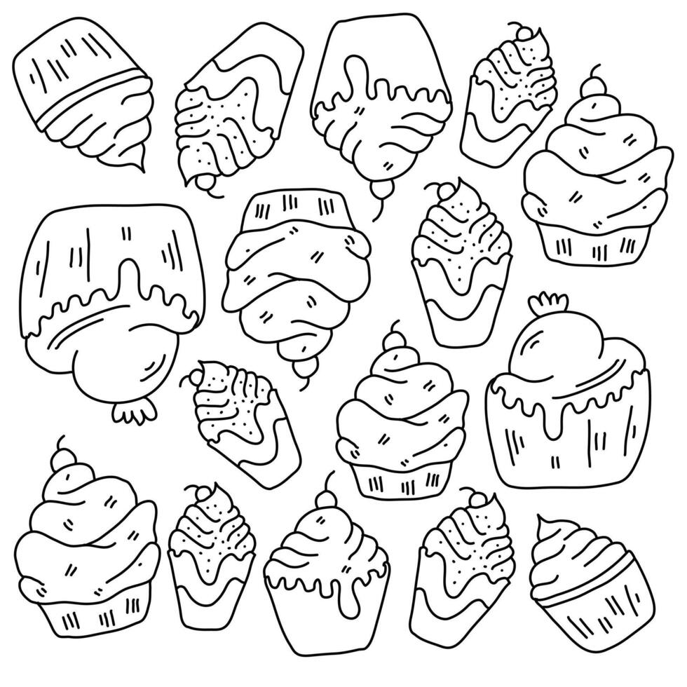 Cupcake Doodle Sketch Set with Cream Tops vector