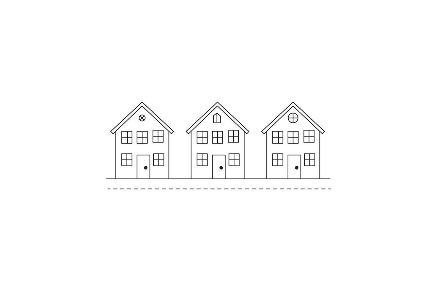 three simple houses in a row, minimalist line drawing, street outline graphic vector