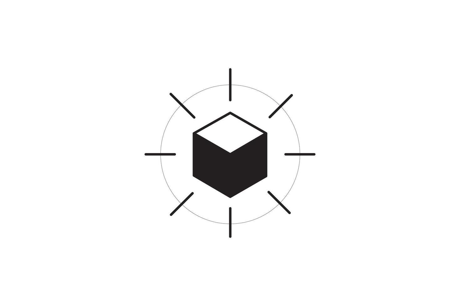 monochrome 3d cube icon with radiating lines, abstract geometric graphic vector
