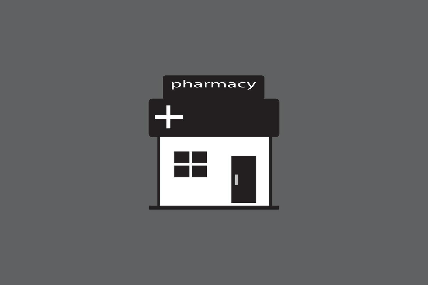 pharmacy building icon with medical cross, flat design drugstore graphic on grey vector