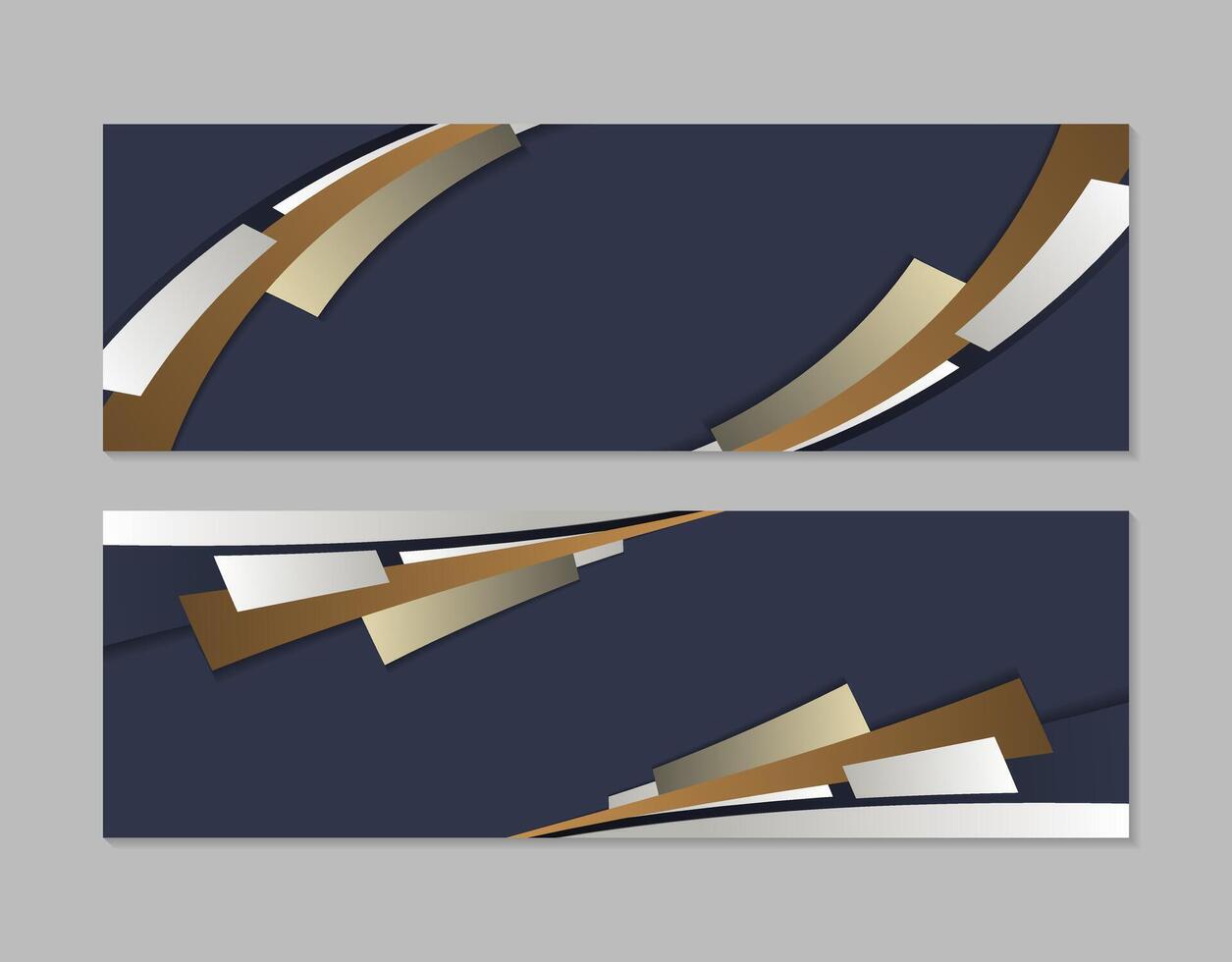 Two elegant banner designs with geometric shapes, metallic colors, and space for text. vector