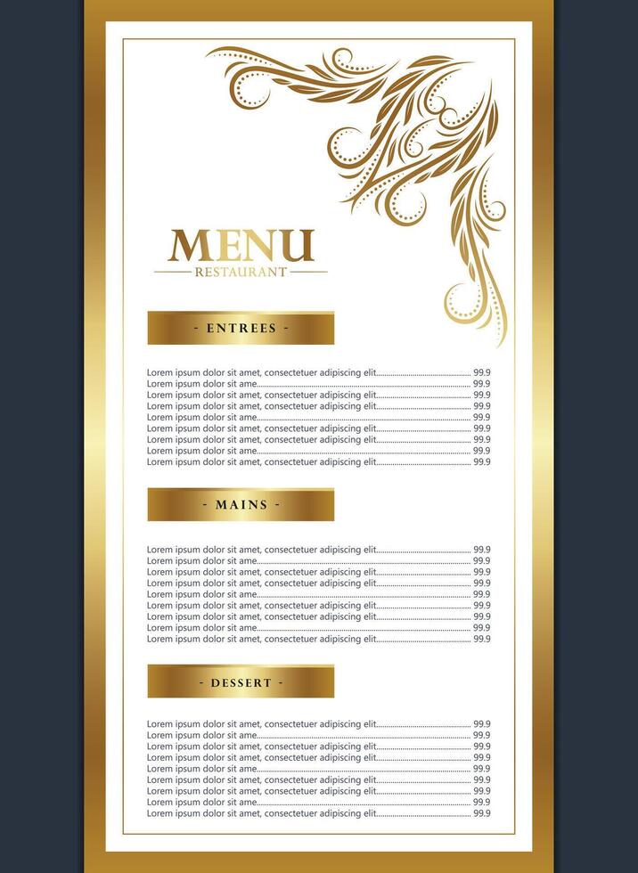 beautifully designed restaurant menu template with a gold and navy color scheme vector
