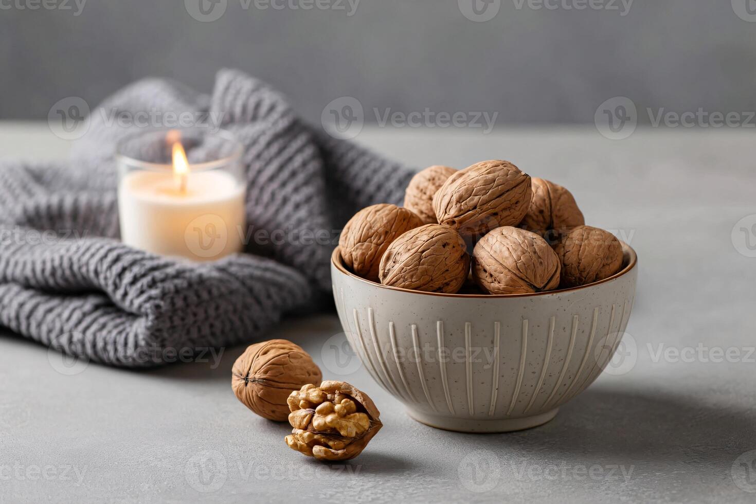 tempting walnuts in the cozy corner on a light gray background, in a clean food photography style photo