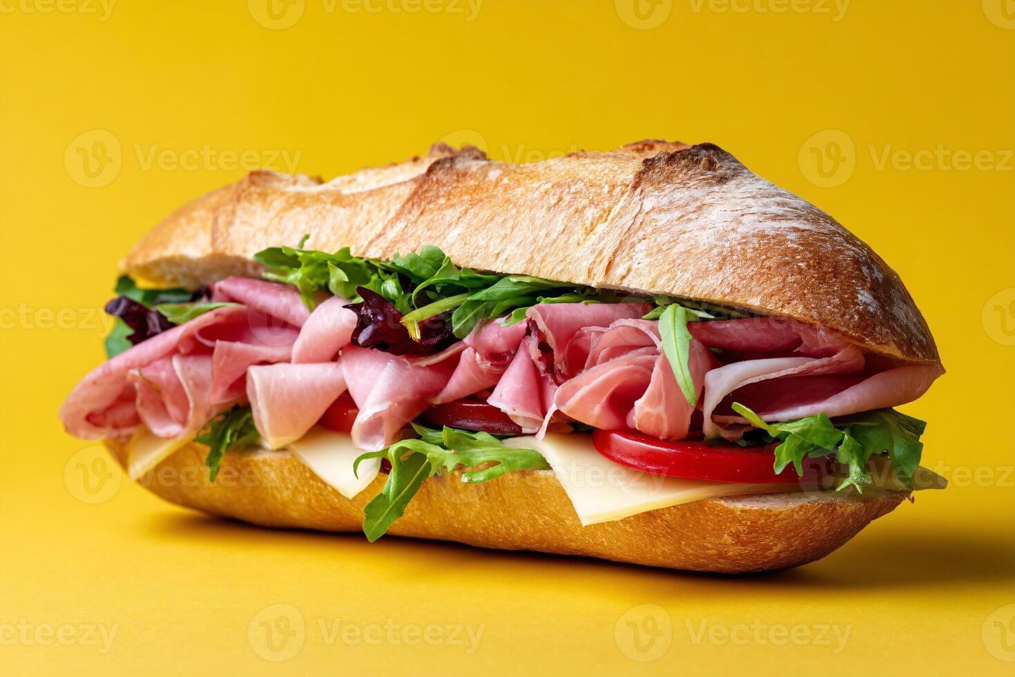 tempting hoagie roll in the rustic corner on a pastel yellow background photo