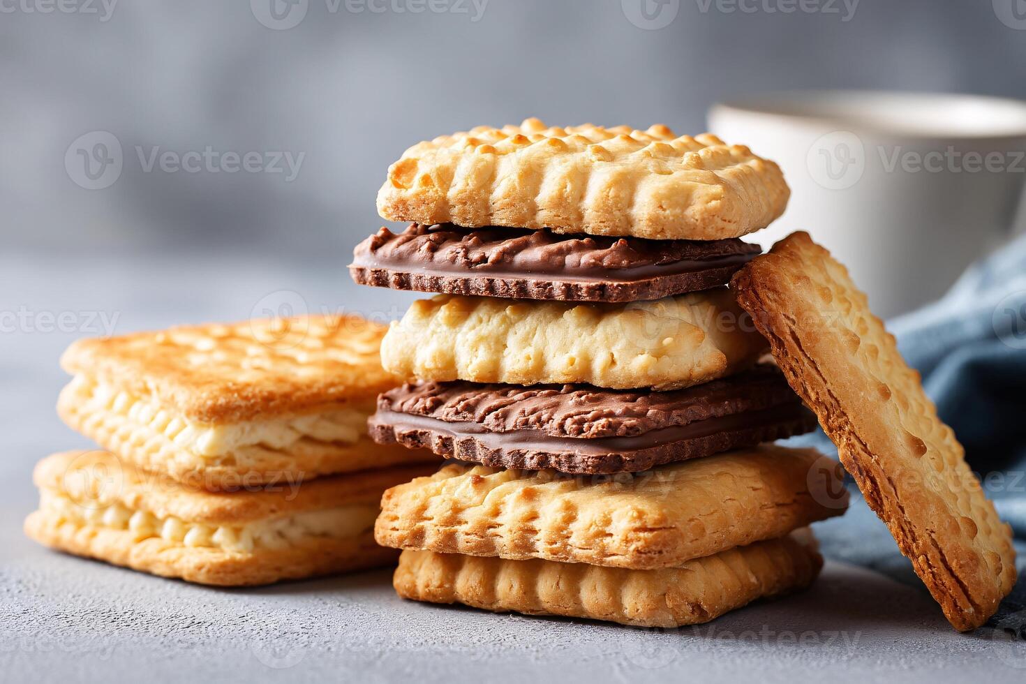 tempting biscuit in the sunny corner on a light gray background, in a clean food photography style photo