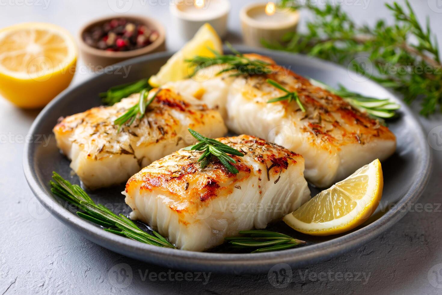 tempting cod in the sunny corner on a light gray background, in a clean food photography style photo