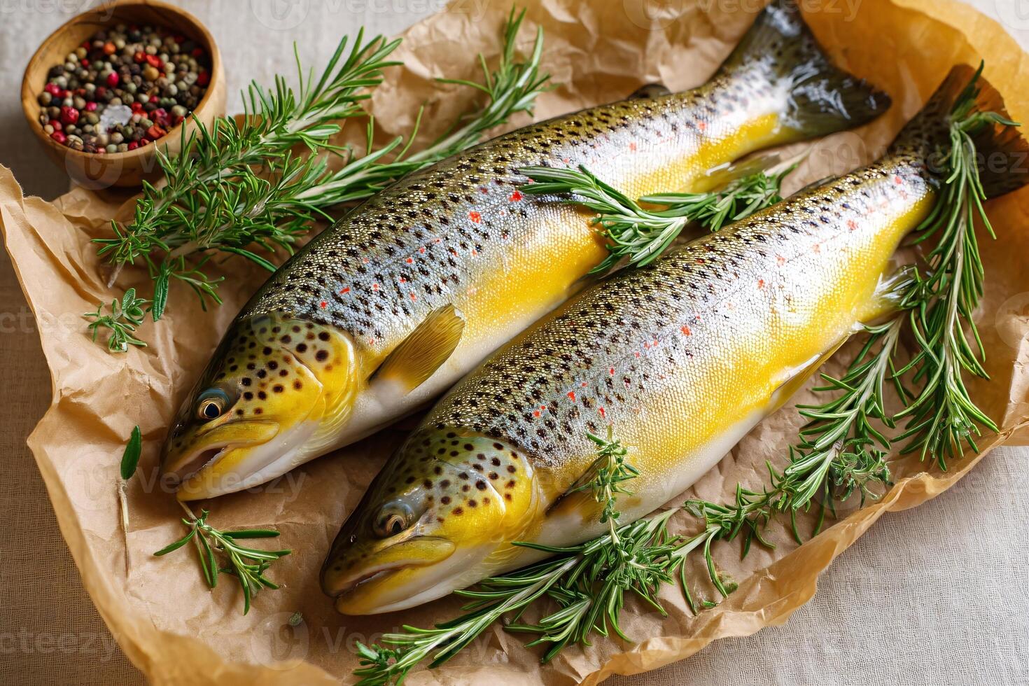tempting trout in the cozy corner on a cream background, in a clean food photography style photo