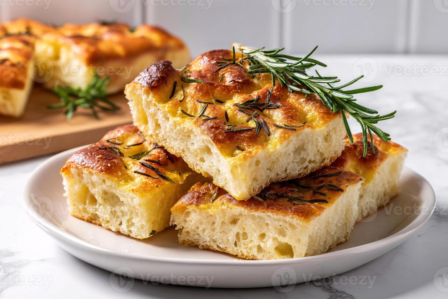 tempting focaccia in the minimalist corner on a white background, in a clean food photography style photo