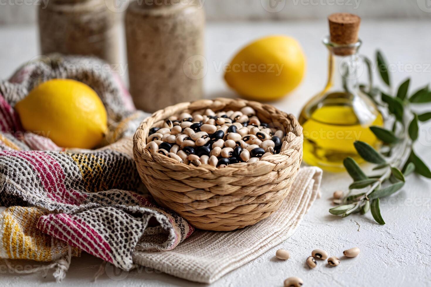 tempting black eyed peas in the rustic corner on a cream background photo