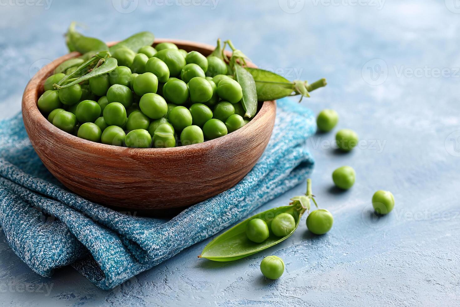 tempting peas in the rustic corner on a pastel blue background, in a clean food photography style photo