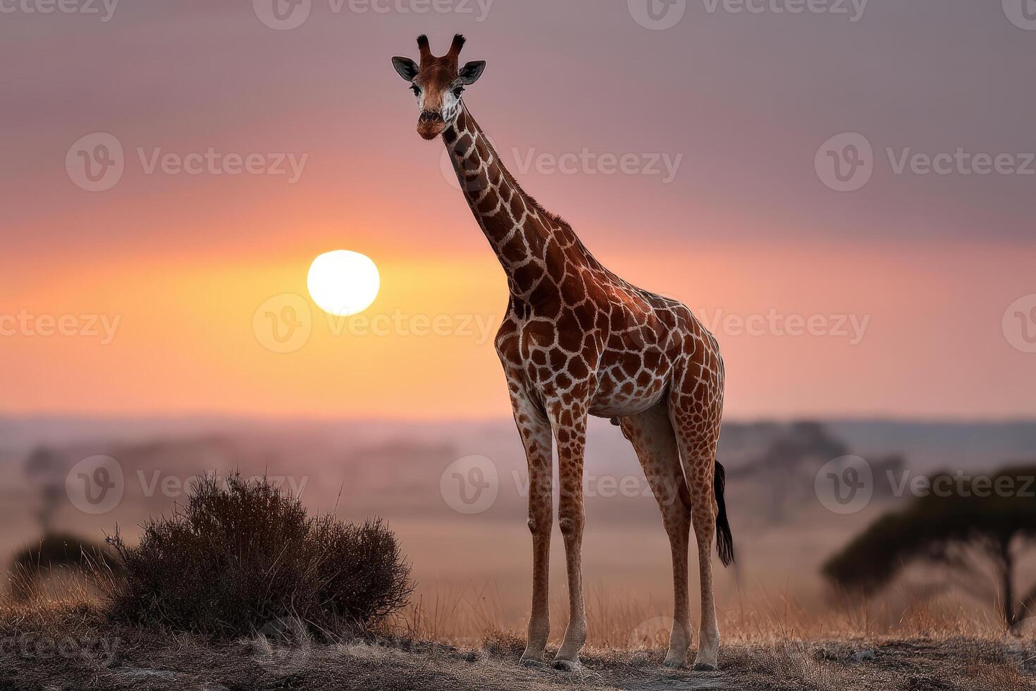 Giraffe stands gracefully at sunset in an open savanna landscape photo