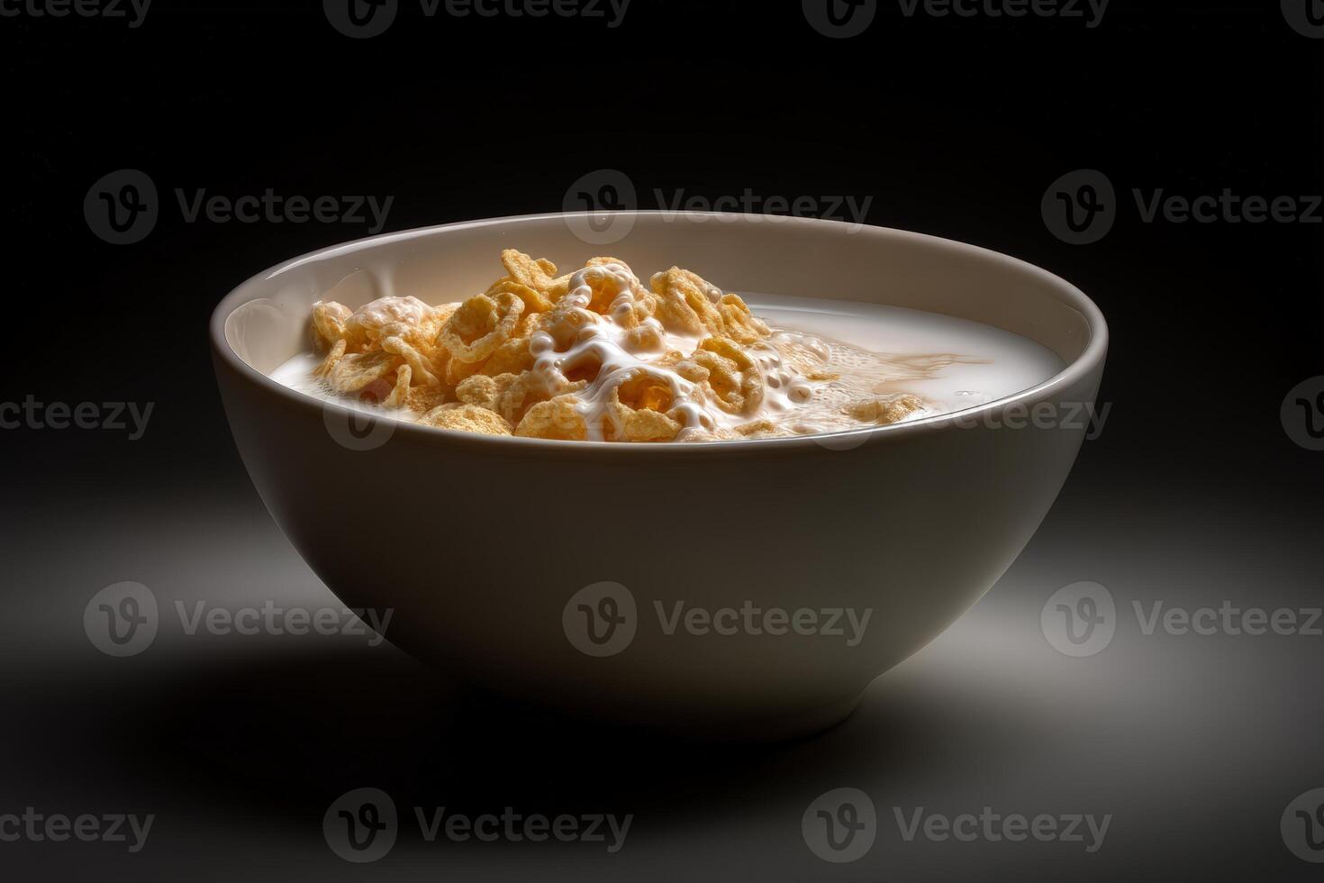 Bowl of cereal mixed with milk on a dark background capturing breakfast simplicity photo