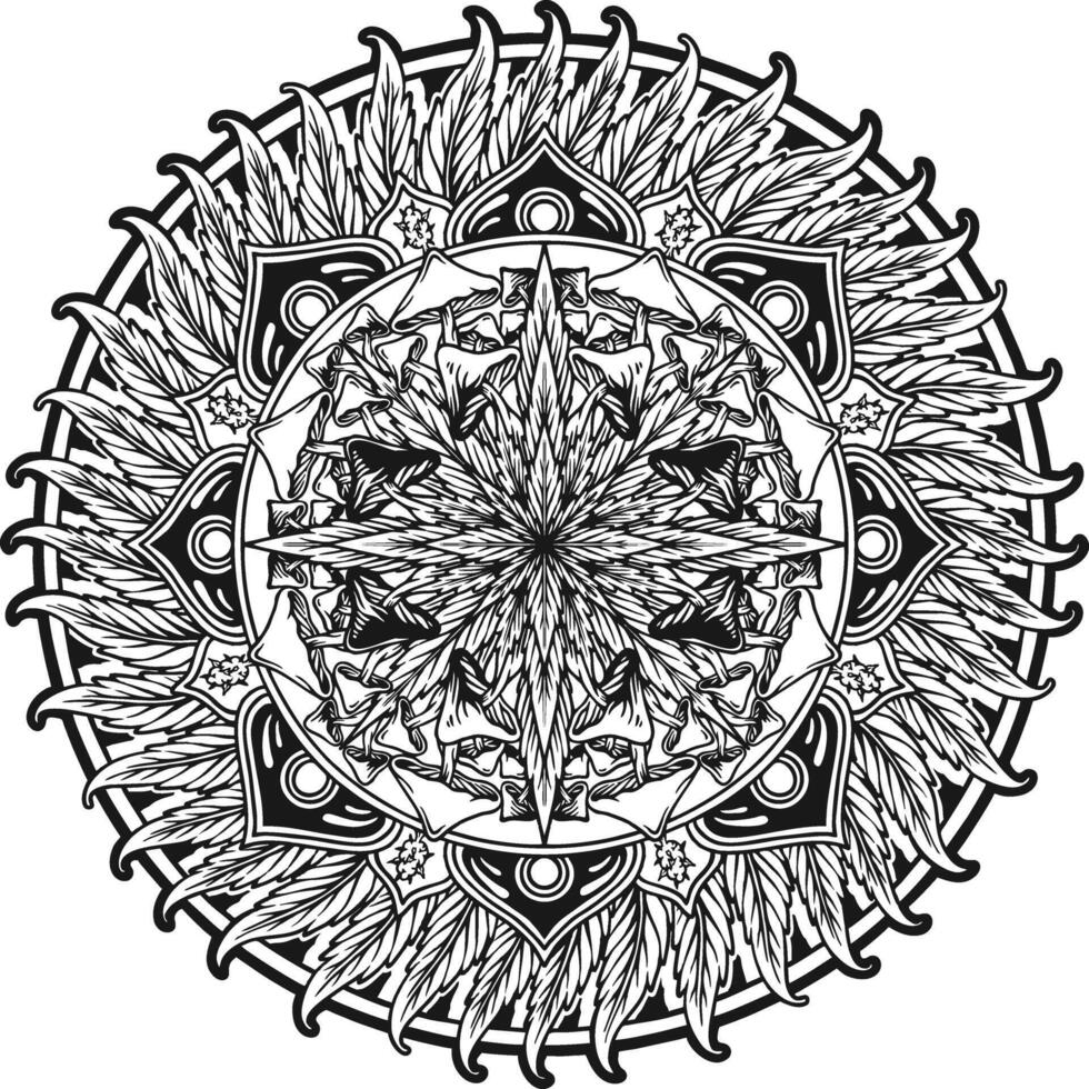 Mandala with Weed Leaves and Geometric Patterns Silhouette vector