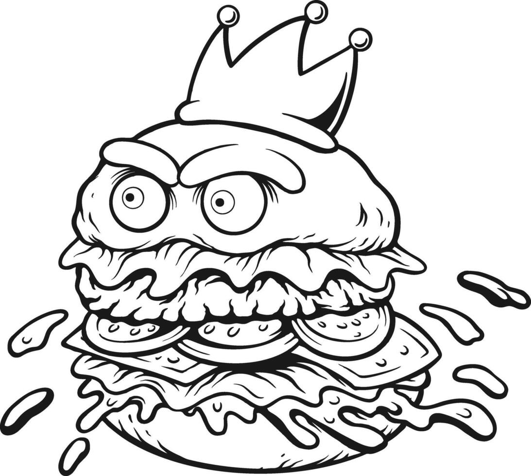 Crowned Hamburger Mascot With Intense Stare Sillhouette vector