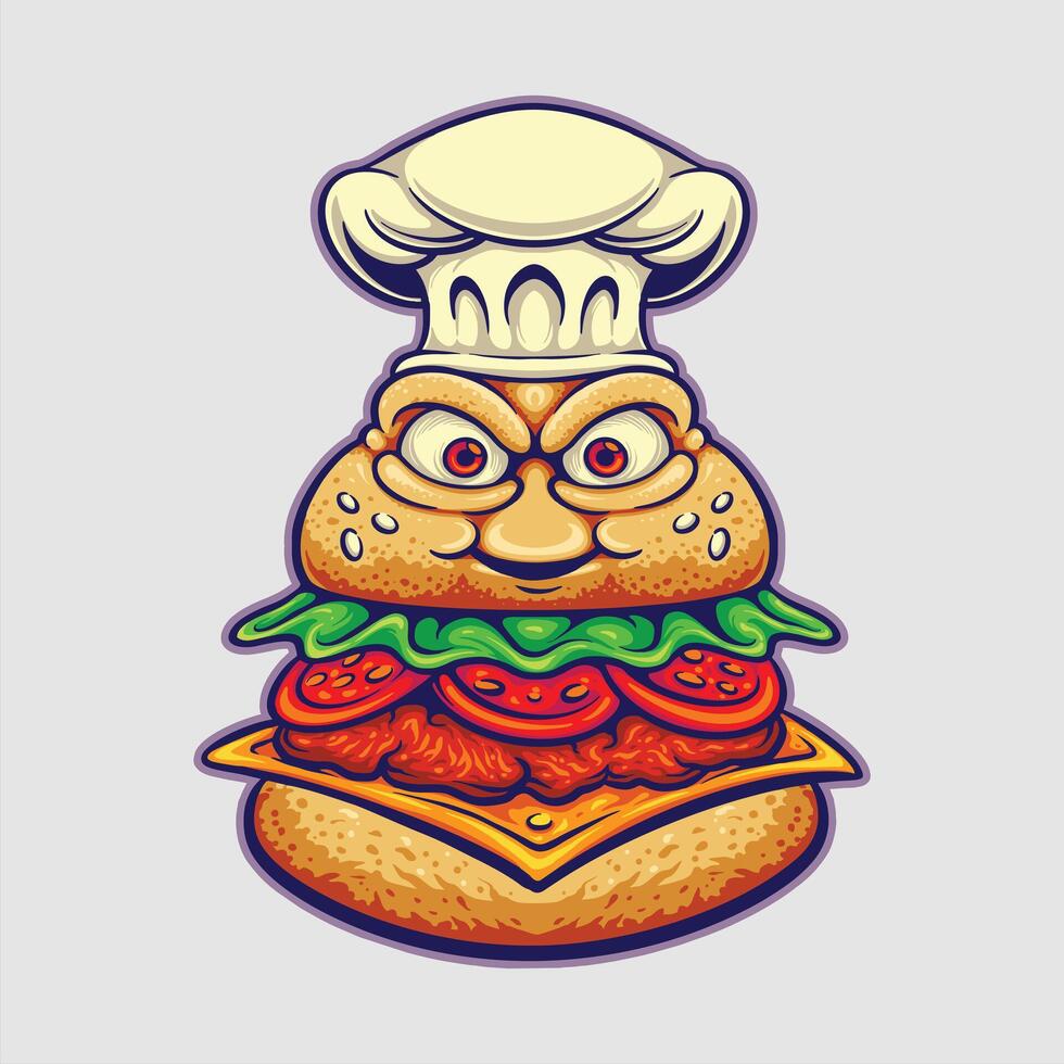 Angry Cartoon Burger Character With Chef Hat Illustration vector