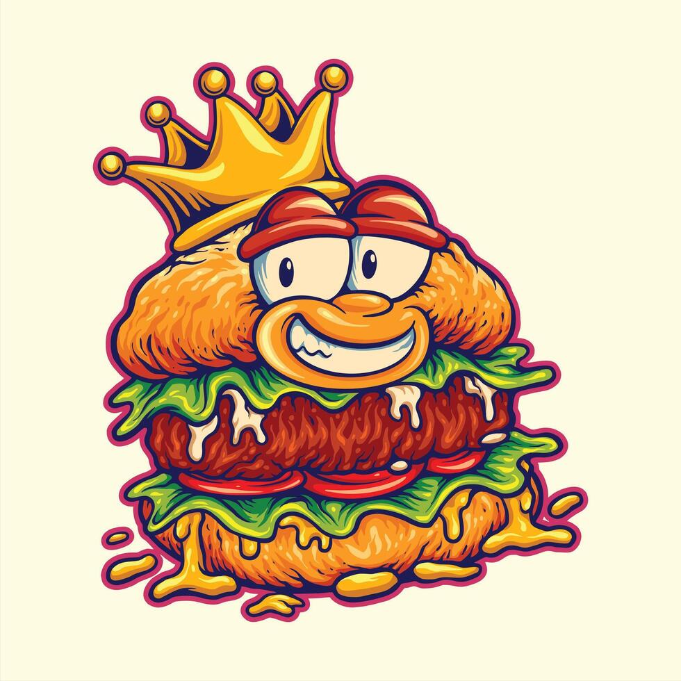 Cartoon Burger King With Golden Crown And Smiling Face vector