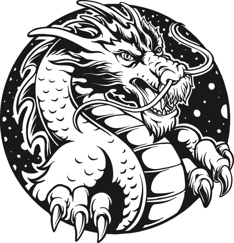 Dragon and Circle Frame Silhouette Design vector