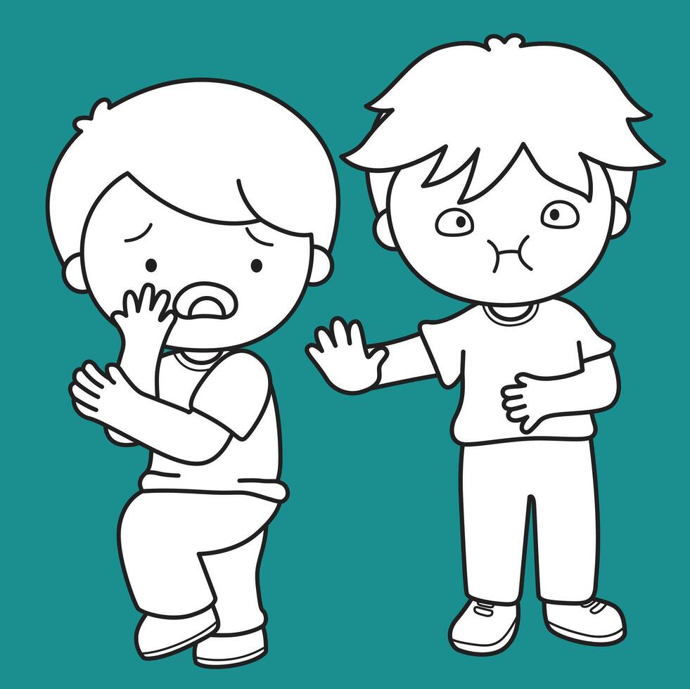 Cute Kids Boy and Girl Scared Disgust Sick Face Emotion Expression Cartoon Digital Stamp Outline vector