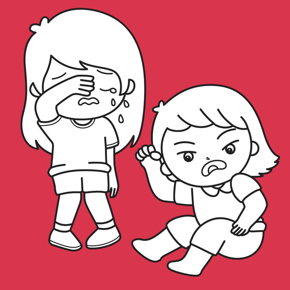 Cute Kids Boy and Girl Sad Crying Angry Face Emotion Expression Cartoon Digital Stamp Outline vector