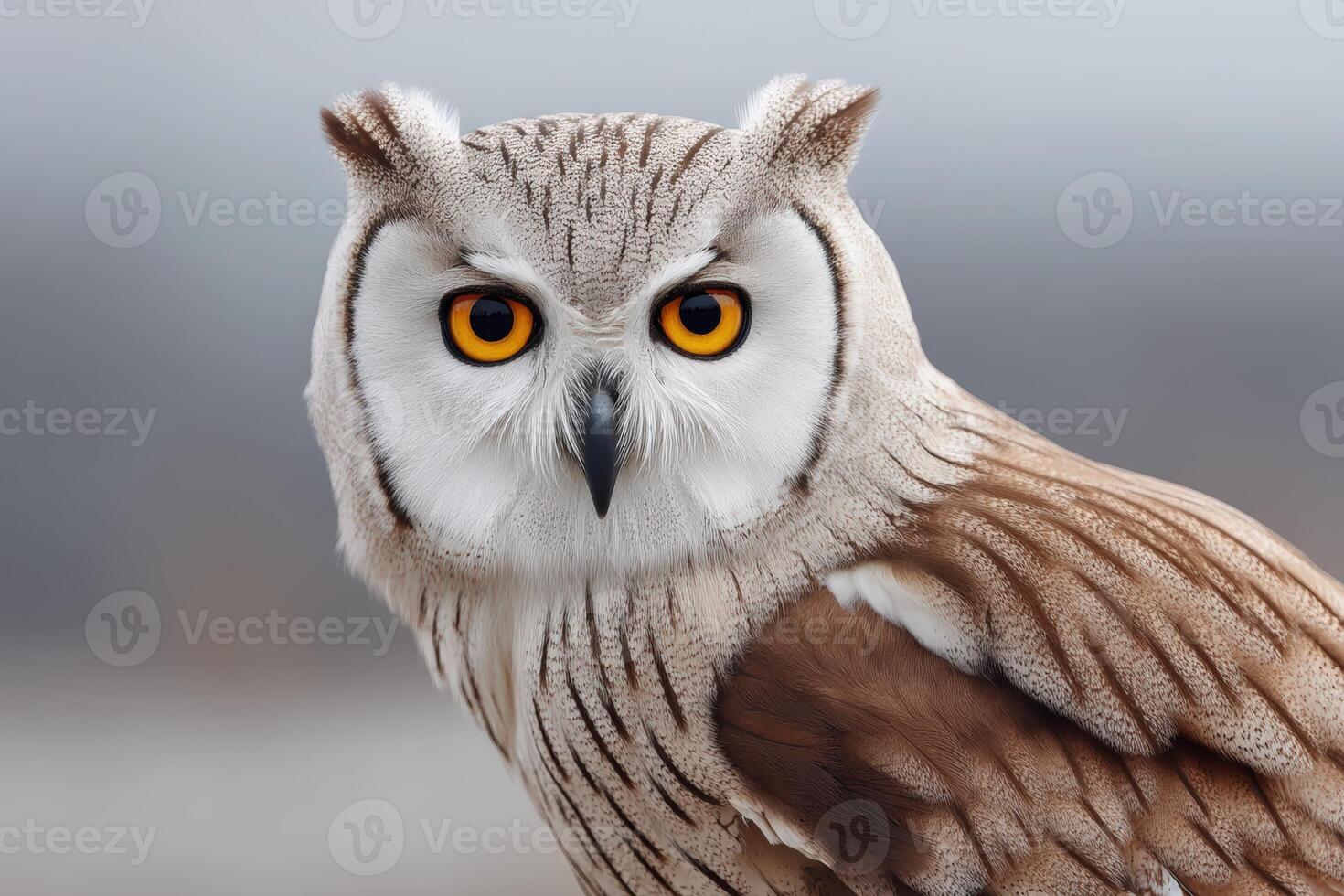 Majestic owl with striking orange eyes perched on a branch in soft morning light photo