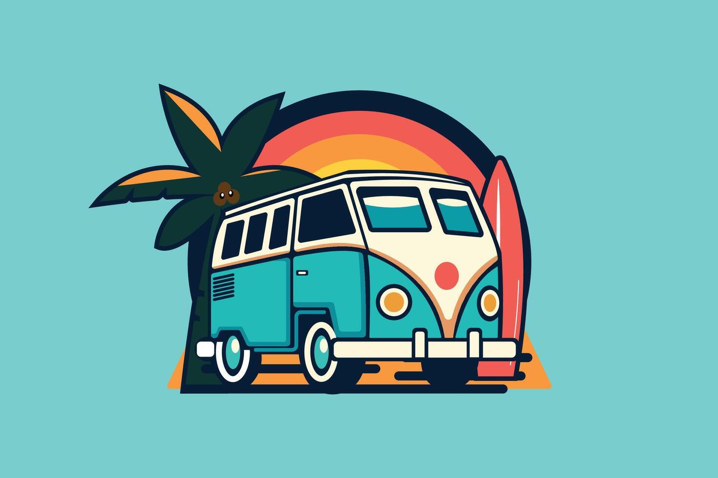 Retro Vacation Van Illustration, Summer Beach Adventure with Sunset, Surfboard, and Palm Tree vector