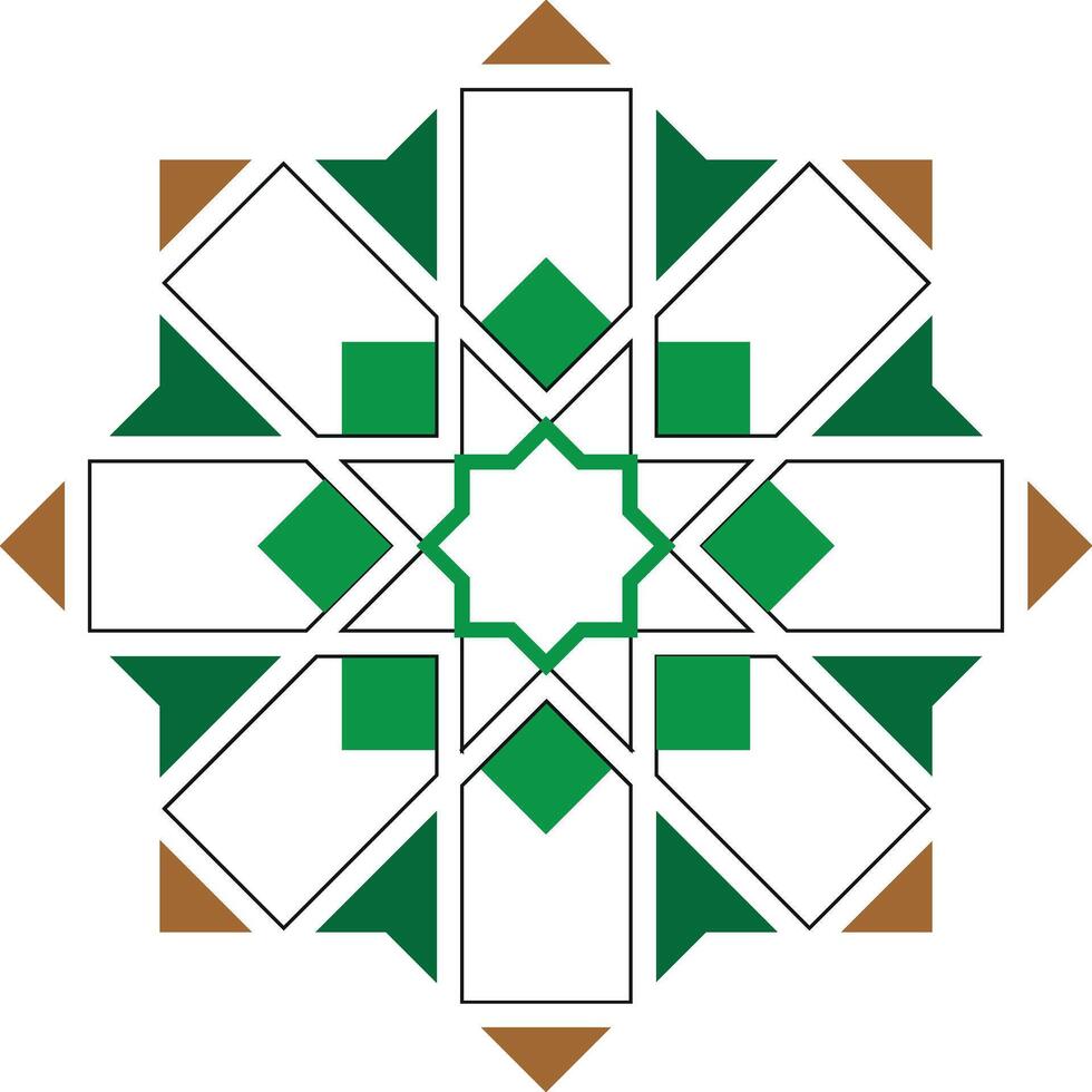 Islamic geometric star pattern in green and brown, symmetrical and decorative. vector