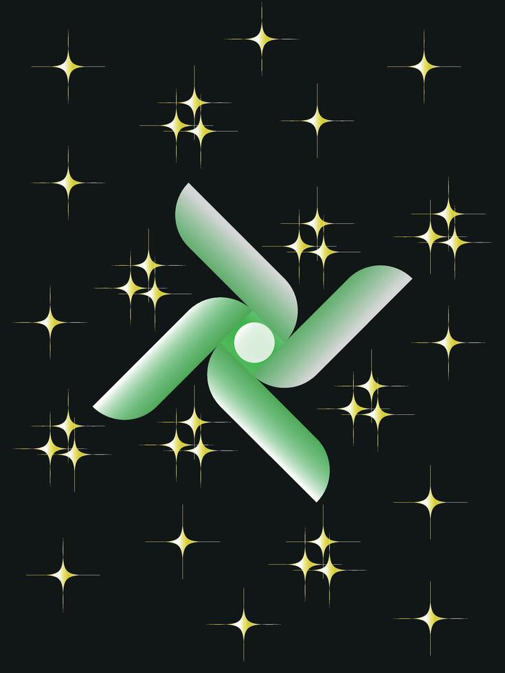 Futuristic green pinwheel shape with glowing stars on dark background. vector