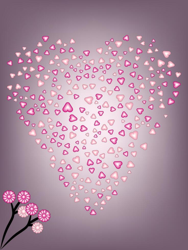 Heart-shaped design of pink petals and flowers on a soft gradient romantic background. vector