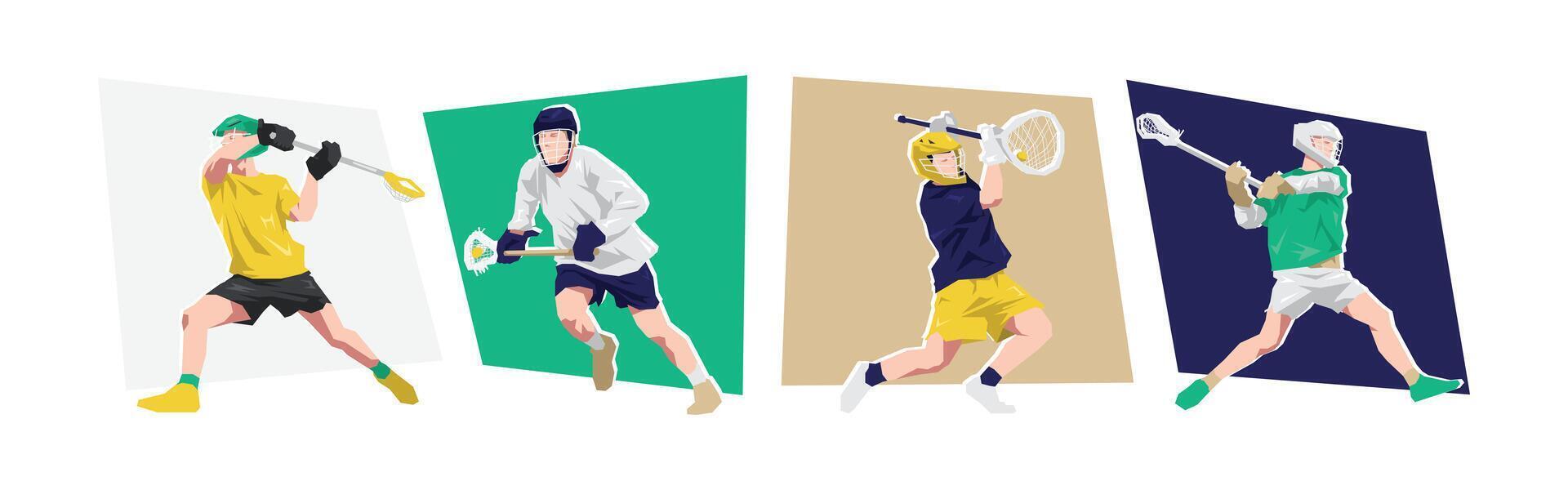 Male lacrosse athlete characters. Different action, pose. Cartoon flat illustration. vector