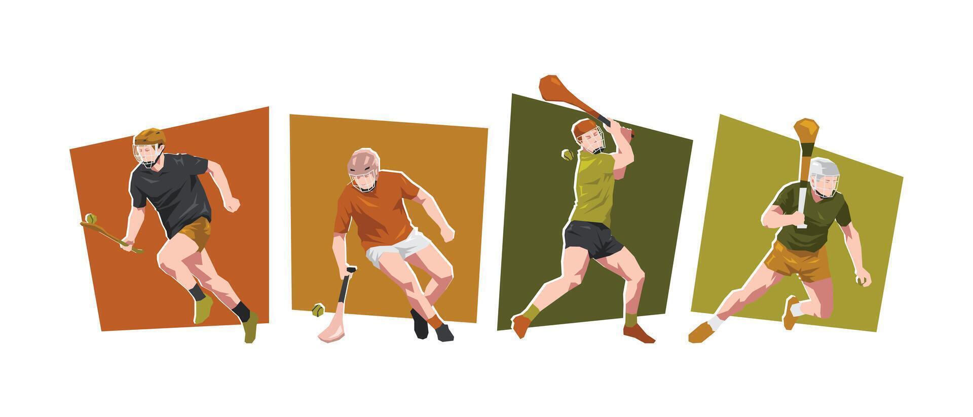 Male hurling athlete characters. Different action, pose. Cartoon flat illustration. vector
