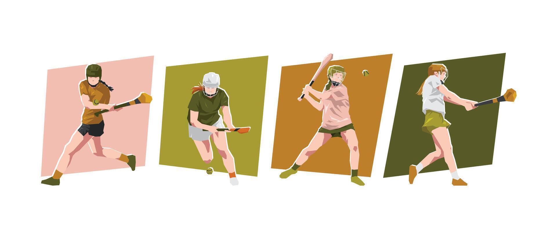 Female hurling athlete characters. Different action, pose. Cartoon flat illustration. vector
